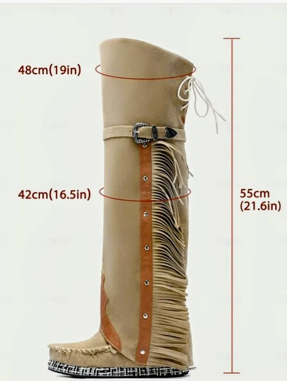 NWOT Tan Faux Suede Knee High Fringe Moccasin Buckle Western Festival Boots 10